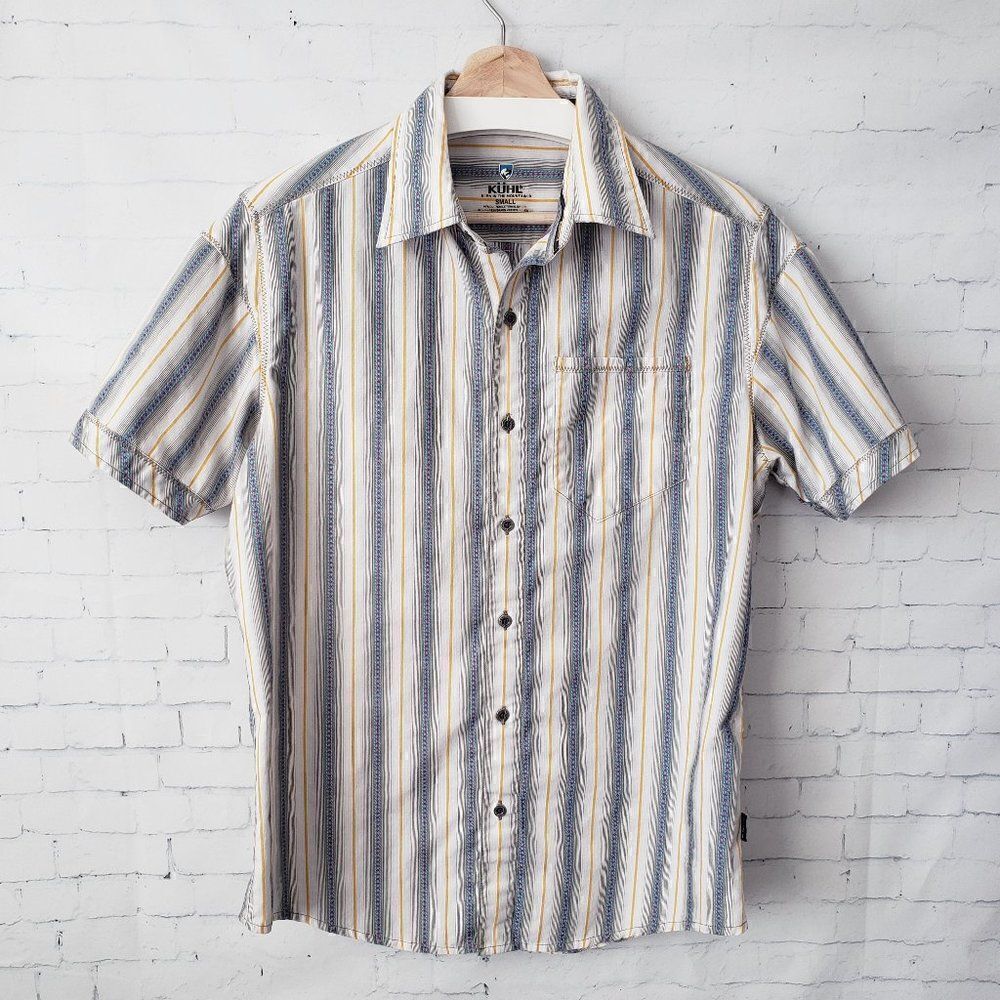 Kuhl Bohemian Mens Short Sleeve Shirt Size S Orange Stripe Button Up Cotton